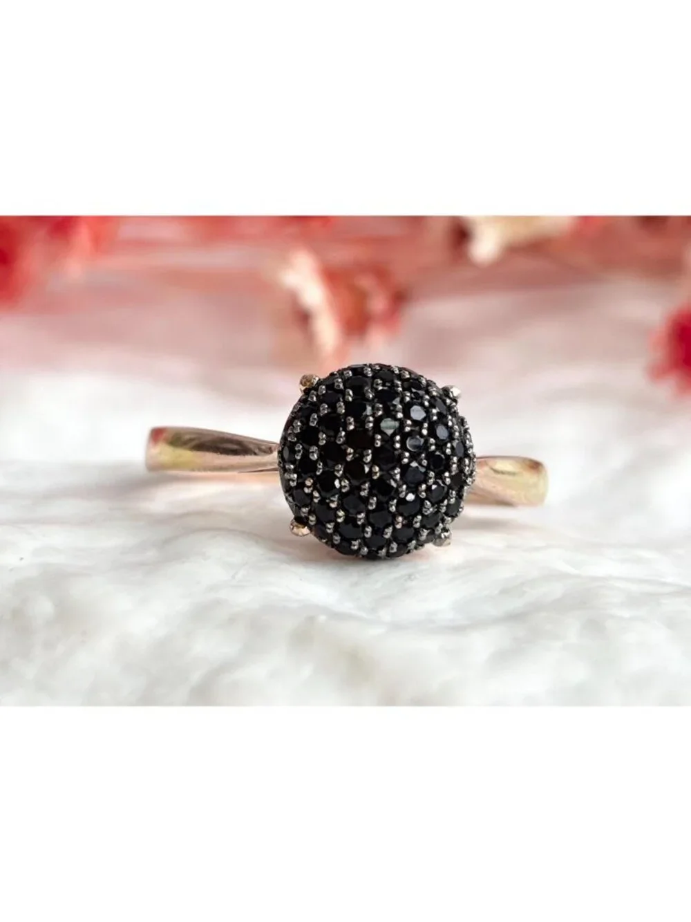 Black Spinel Pave Vermeil Gold Overlay Sterling Silver 925 Vintage Ring - sz 10